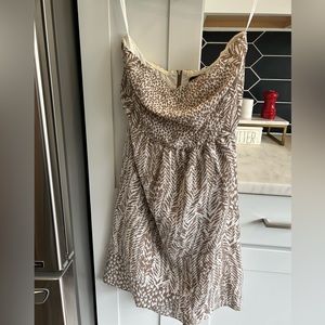 strapless, light brown and cream color, flowy and bit